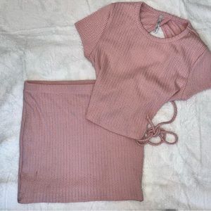 Pink Adjustable Tie Crop Top & Skirt Set| Knit